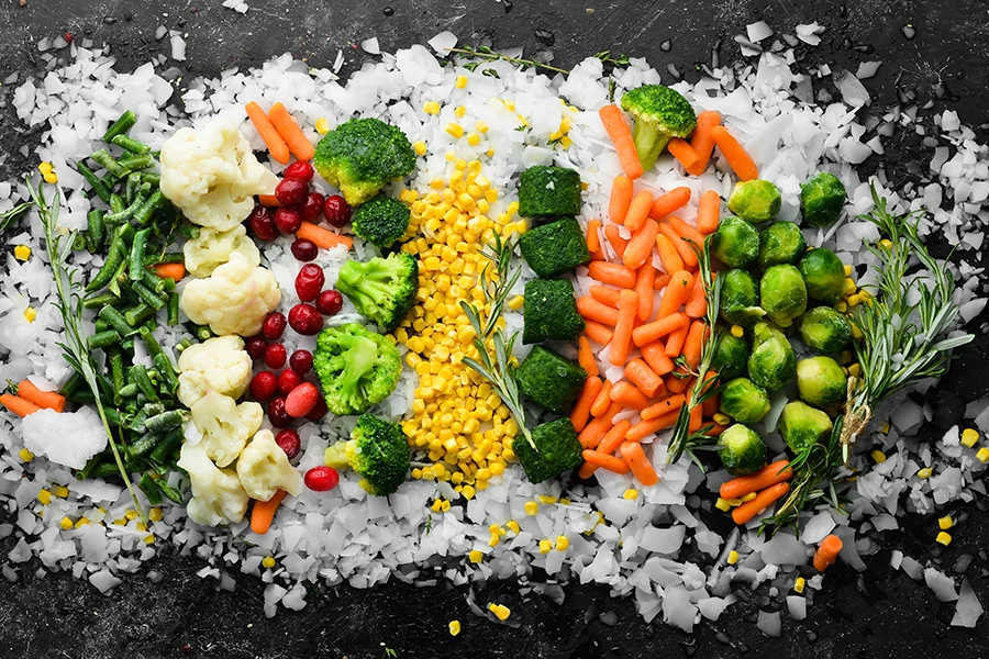 une grande quantité de légumes enveloppés dans de la glace