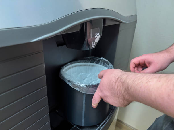 Selective focus, close up view of an ice machine inside a hotel