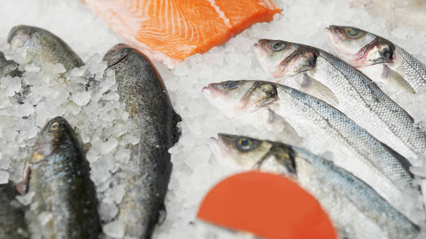 Frozen fish in boxes in supermarket or store